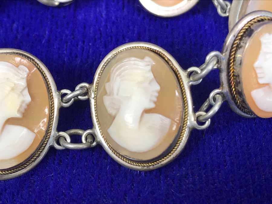 Antique Silver Carved Shell Cameo Bracelet 19.4g 7”L [Photo 9]