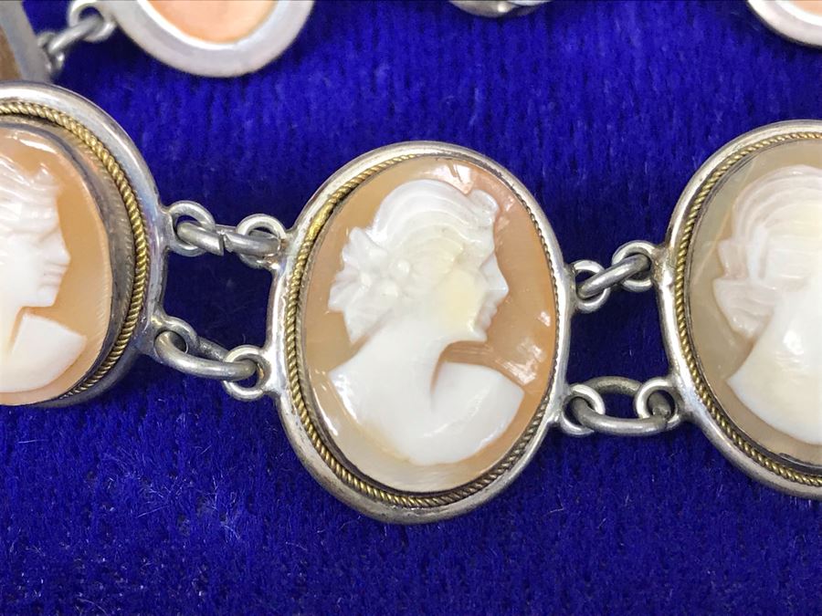 Antique Silver Carved Shell Cameo Bracelet 19.4g 7”L [Photo 8]