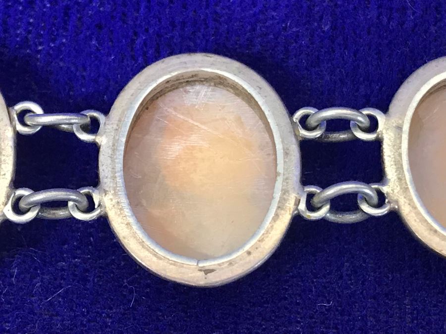 Antique Silver Carved Shell Cameo Bracelet 19.4g 7”L