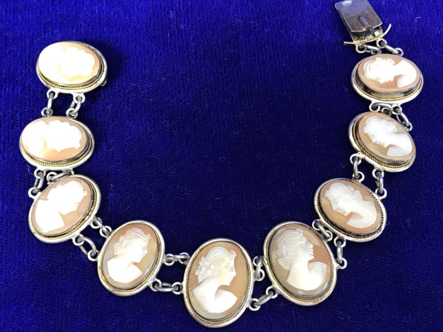 Antique Silver Carved Shell Cameo Bracelet 19.4g 7”L [Photo 4]