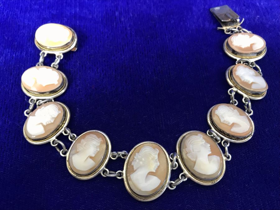 Antique Silver Carved Shell Cameo Bracelet 19.4g 7”L [Photo 1]