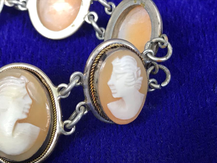 Antique Silver Carved Shell Cameo Bracelet 19.4g 7”L [Photo 10]