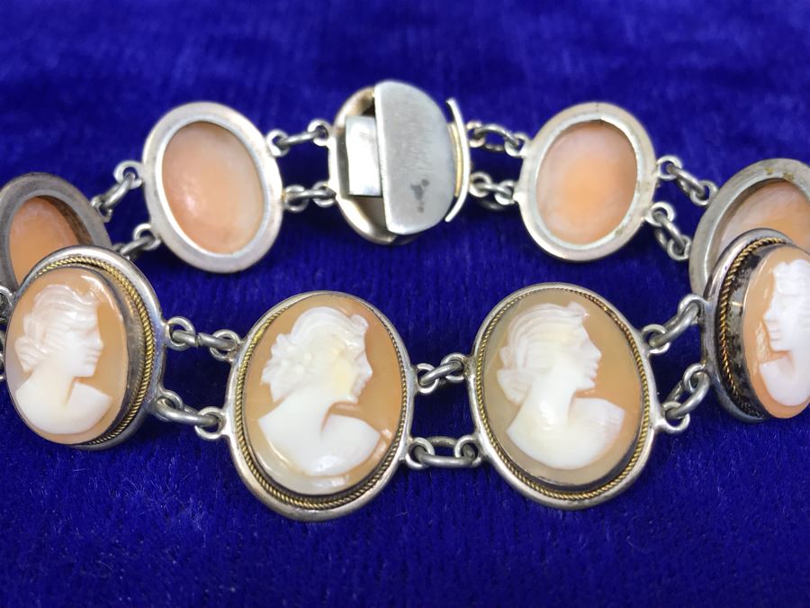 Antique Silver Carved Shell Cameo Bracelet 19.4g 7”L [Photo 6]