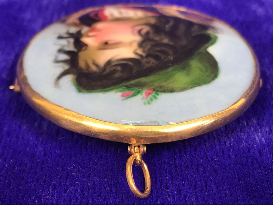 Vintage 14K Gold Hand Painted Porcelain Portrait Brooch Pin Pendant 26.6g 2.5” X 2.2” [Photo 11]