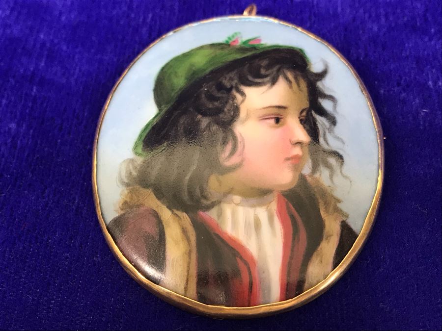 Vintage 14K Gold Hand Painted Porcelain Portrait Brooch Pin Pendant 26.6g 2.5” X 2.2” [Photo 3]