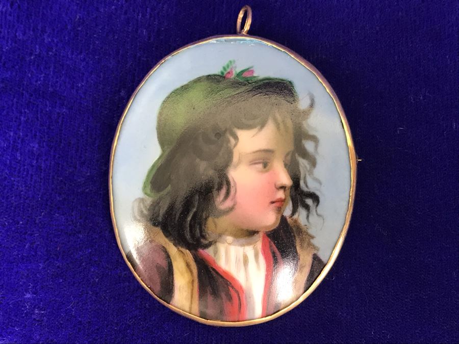 Vintage 14K Gold Hand Painted Porcelain Portrait Brooch Pin Pendant 26.6g 2.5” X 2.2” [Photo 2]