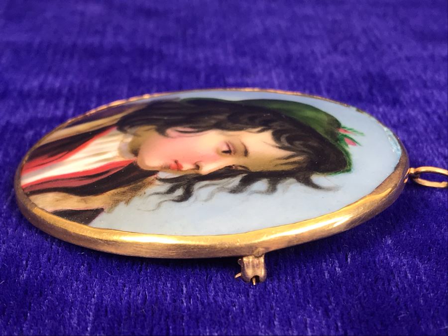 Vintage 14K Gold Hand Painted Porcelain Portrait Brooch Pin Pendant 26.6g 2.5” X 2.2” [Photo 10]