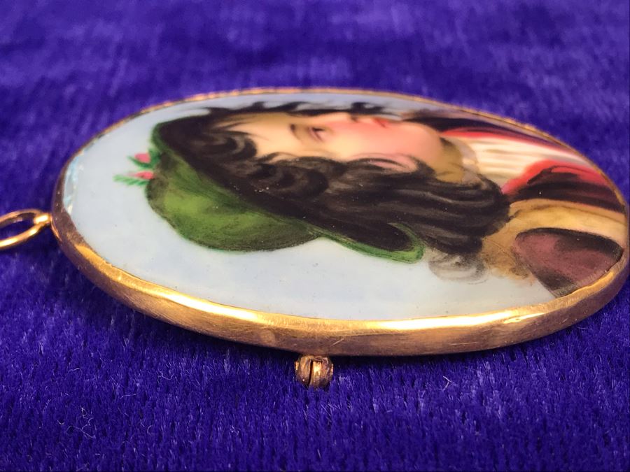 Vintage 14K Gold Hand Painted Porcelain Portrait Brooch Pin Pendant 26.6g 2.5” X 2.2” [Photo 12]