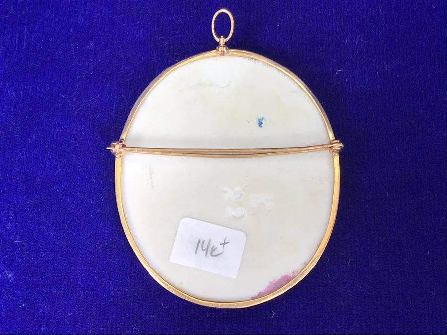 Vintage 14K Gold Hand Painted Porcelain Portrait Brooch Pin Pendant 26.6g 2.5” X 2.2” [Photo 13]