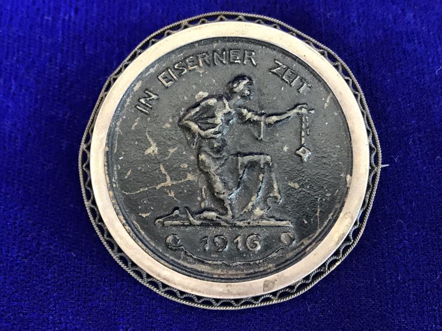 Antique 1916 WWI German War Fund Contribution Token 'Gold Gab Ich Fur Eisen' Iron Medal Brooch Pin