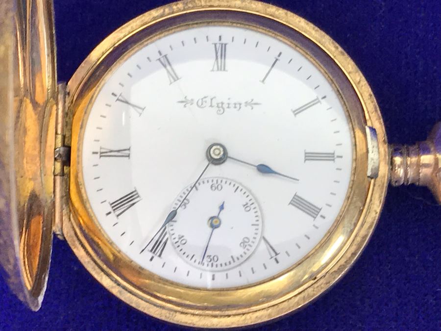 Antique 1901-1903 Elgin Pocket Watch Gold Filled 20 Year Case With Brooch Pin Holder Estimate $350 [Photo 8]