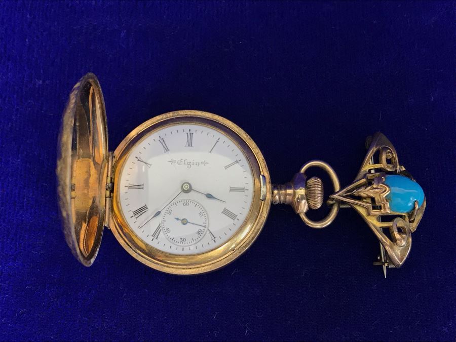 Antique 1901-1903 Elgin Pocket Watch Gold Filled 20 Year Case With Brooch Pin Holder Estimate $350 [Photo 24]