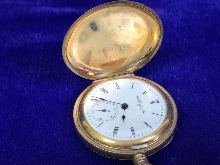 Antique 1901-1903 Elgin Pocket Watch Gold Filled 20 Year Case With Brooch Pin Holder Estimate $350 [Photo 21]