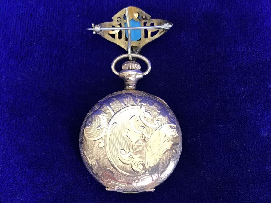 Antique 1901-1903 Elgin Pocket Watch Gold Filled 20 Year Case With Brooch Pin Holder Estimate $350 [Photo 16]