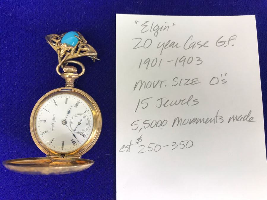 Antique 1901-1903 Elgin Pocket Watch Gold Filled 20 Year Case With Brooch Pin Holder Estimate $350 [Photo 10]