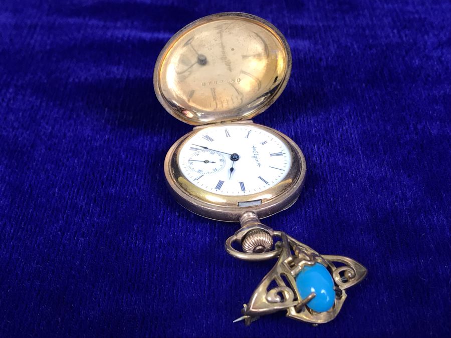 Antique 1901-1903 Elgin Pocket Watch Gold Filled 20 Year Case With Brooch Pin Holder Estimate $350 [Photo 20]