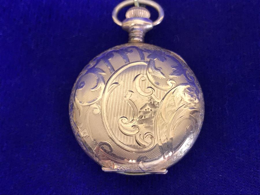Antique 1901-1903 Elgin Pocket Watch Gold Filled 20 Year Case With Brooch Pin Holder Estimate $350 [Photo 4]