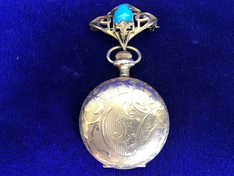 Antique 1901-1903 Elgin Pocket Watch Gold Filled 20 Year Case With Brooch Pin Holder Estimate $350 [Photo 2]