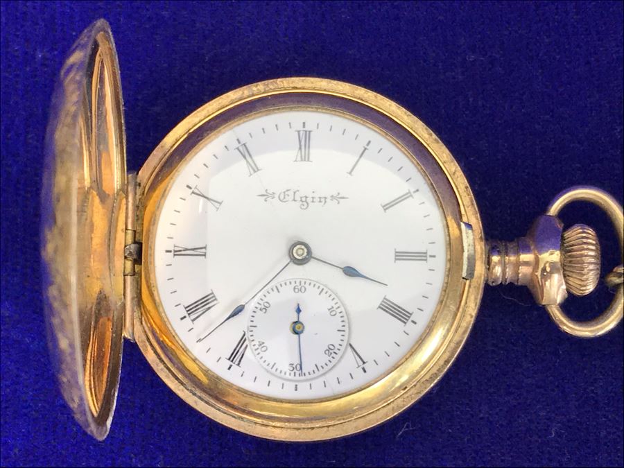 Antique 1901-1903 Elgin Pocket Watch Gold Filled 20 Year Case With Brooch Pin Holder Estimate $350 [Photo 25]