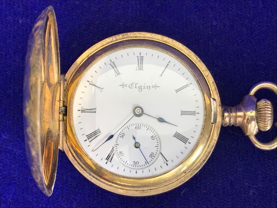 Antique 1901-1903 Elgin Pocket Watch Gold Filled 20 Year Case With Brooch Pin Holder Estimate $350 [Photo 9]