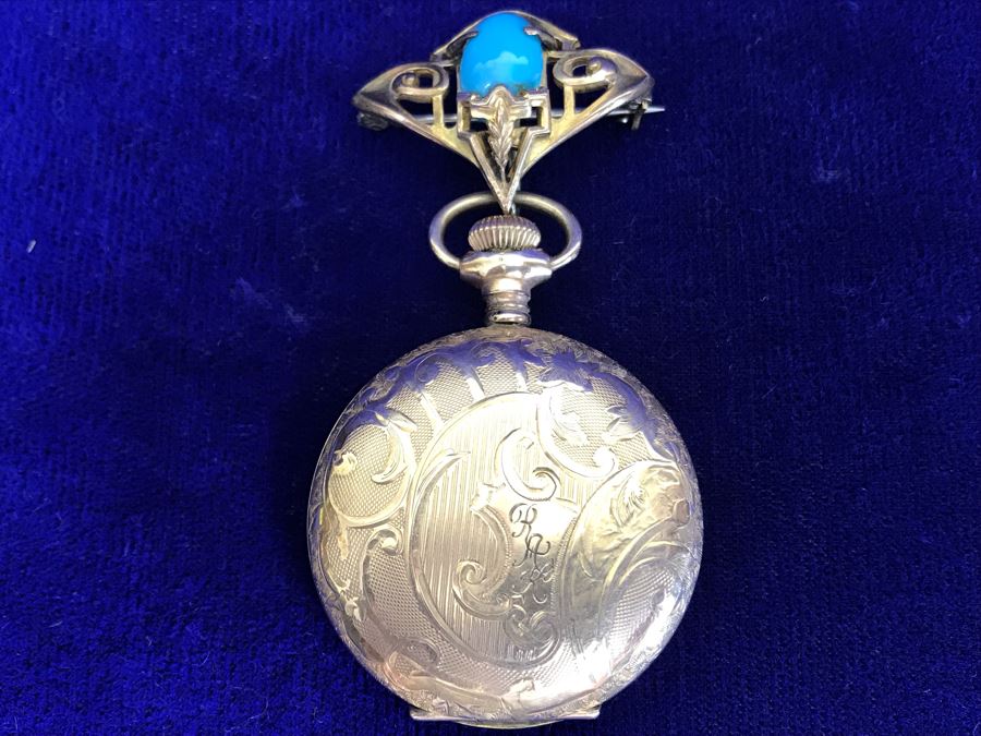 Antique 1901-1903 Elgin Pocket Watch Gold Filled 20 Year Case With Brooch Pin Holder Estimate $350 [Photo 11]