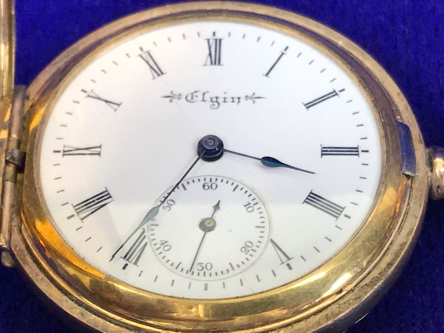Antique 1901-1903 Elgin Pocket Watch Gold Filled 20 Year Case With Brooch Pin Holder Estimate $350 [Photo 23]