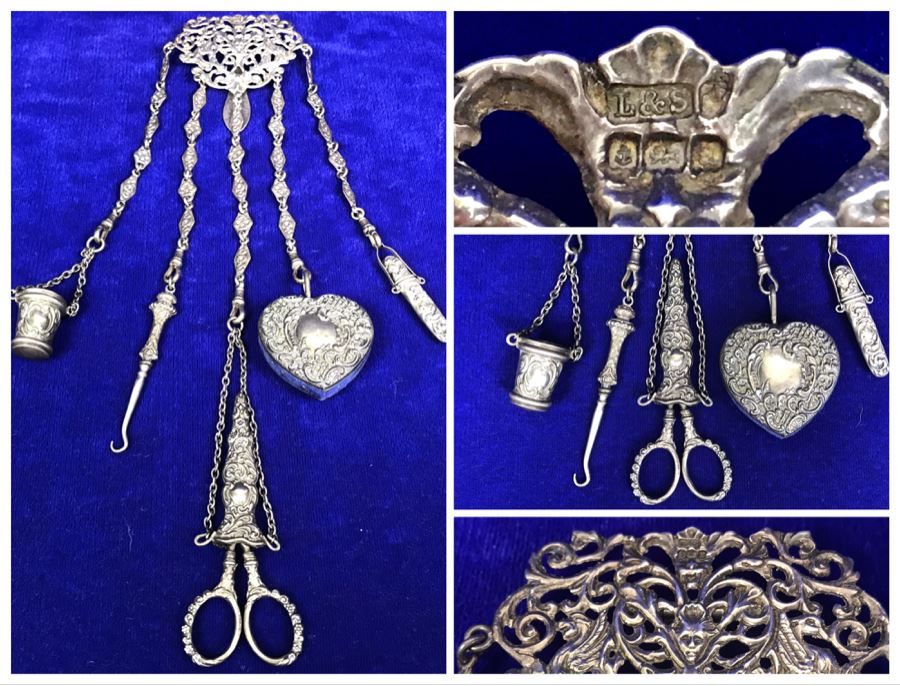 Antique 1900 Victorian Sterling Silver Chatelaine Sewing Kit Belt With Scissors, Thimble, Needle Case Holder, Pin Cushion And Buttonhook Signed L & S 106.9g