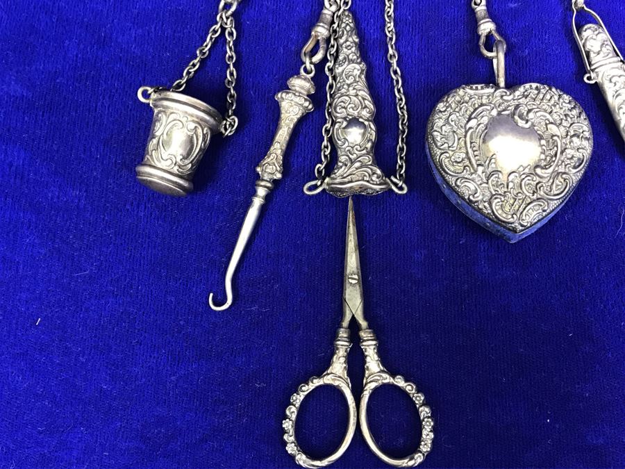 Antique 1900 Victorian Sterling Silver Chatelaine Sewing Kit Belt With ...