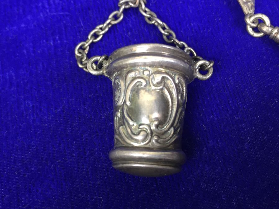 Antique 1900 Victorian Sterling Silver Chatelaine Sewing Kit Belt With Scissors, Thimble, Needle Case Holder, Pin Cushion And Buttonhook Signed L & S 106.9g [Photo 33]