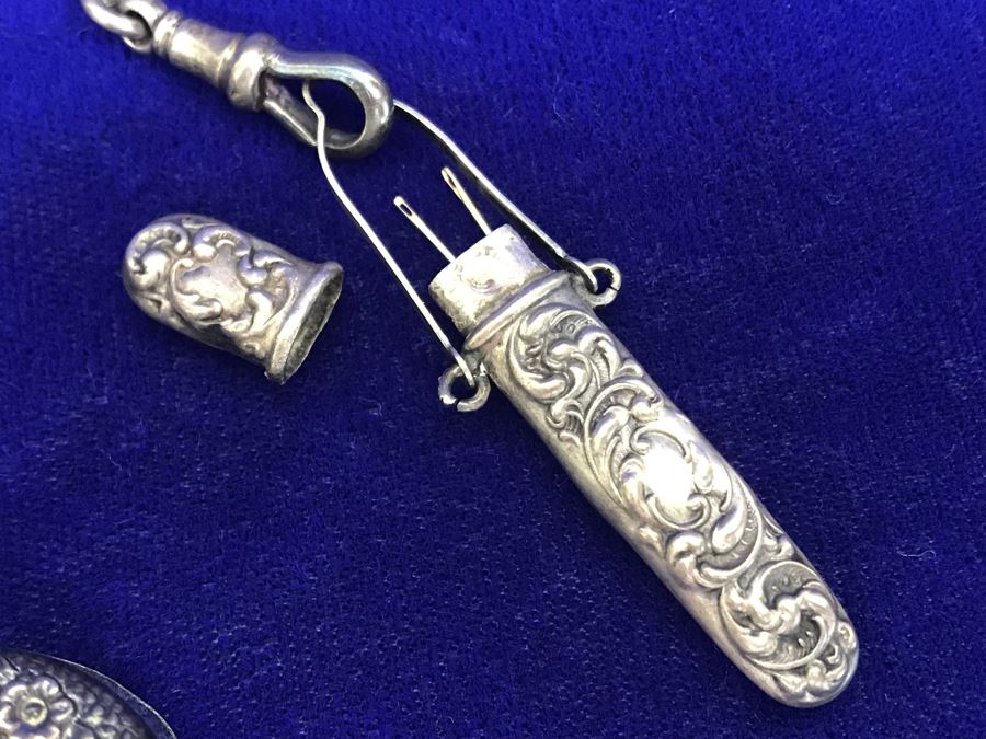 Antique 1900 Victorian Sterling Silver Chatelaine Sewing Kit Belt With Scissors, Thimble, Needle Case Holder, Pin Cushion And Buttonhook Signed L & S 106.9g [Photo 19]
