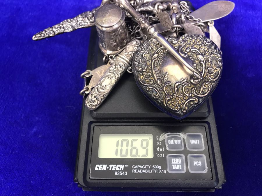 Antique 1900 Victorian Sterling Silver Chatelaine Sewing Kit Belt With Scissors, Thimble, Needle Case Holder, Pin Cushion And Buttonhook Signed L & S 106.9g [Photo 25]