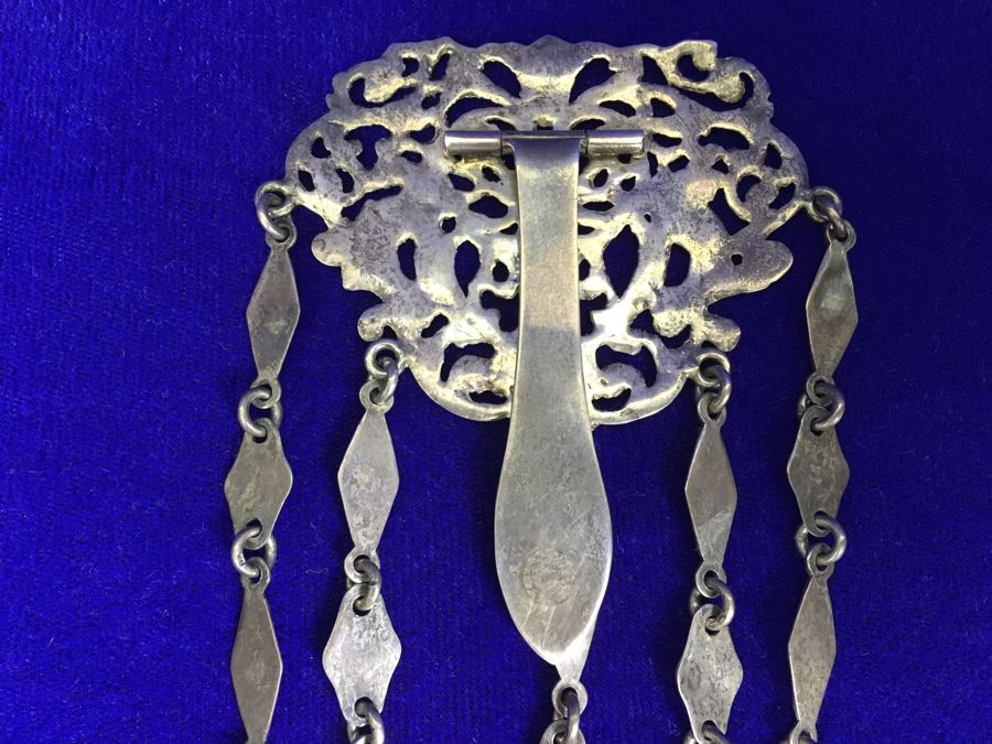 Antique 1900 Victorian Sterling Silver Chatelaine Sewing Kit Belt With Scissors, Thimble, Needle Case Holder, Pin Cushion And Buttonhook Signed L & S 106.9g [Photo 41]