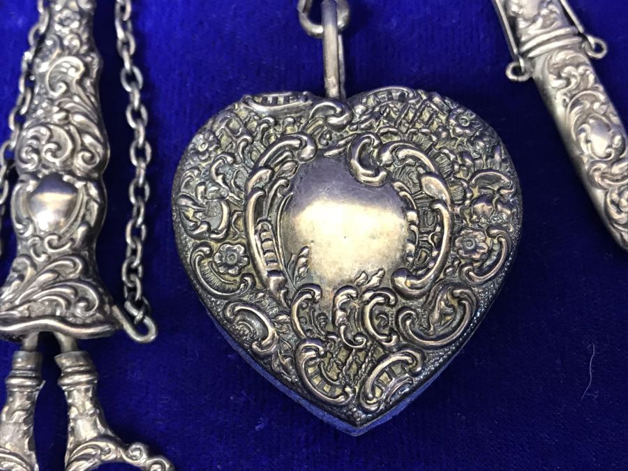 Antique 1900 Victorian Sterling Silver Chatelaine Sewing Kit Belt With Scissors, Thimble, Needle Case Holder, Pin Cushion And Buttonhook Signed L & S 106.9g [Photo 11]
