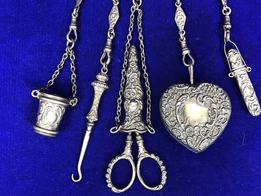 Antique 1900 Victorian Sterling Silver Chatelaine Sewing Kit Belt With Scissors, Thimble, Needle Case Holder, Pin Cushion And Buttonhook Signed L & S 106.9g [Photo 9]