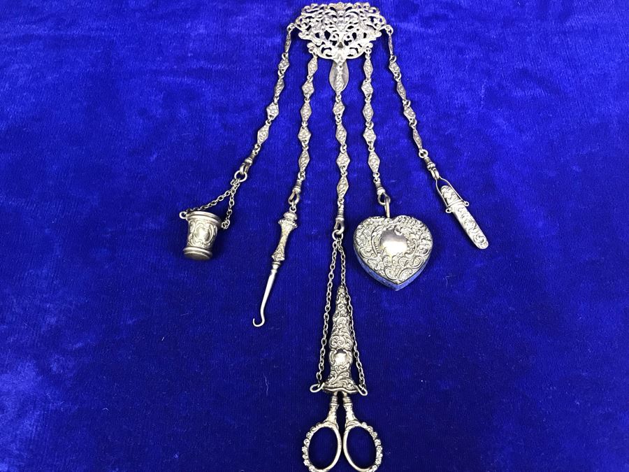 Antique 1900 Victorian Sterling Silver Chatelaine Sewing Kit Belt With Scissors, Thimble, Needle Case Holder, Pin Cushion And Buttonhook Signed L & S 106.9g [Photo 3]