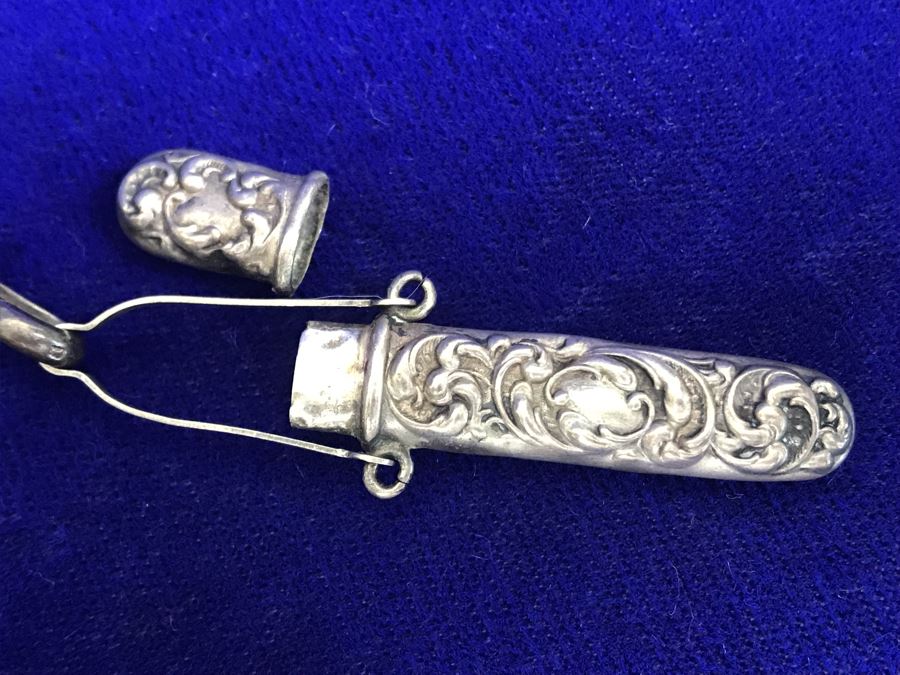 Antique 1900 Victorian Sterling Silver Chatelaine Sewing Kit Belt With Scissors, Thimble, Needle Case Holder, Pin Cushion And Buttonhook Signed L & S 106.9g [Photo 18]