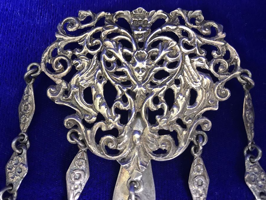 Antique 1900 Victorian Sterling Silver Chatelaine Sewing Kit Belt With Scissors, Thimble, Needle Case Holder, Pin Cushion And Buttonhook Signed L & S 106.9g [Photo 6]