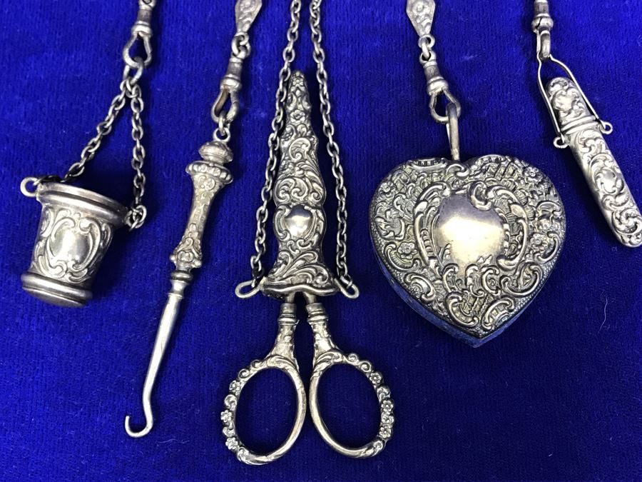 Antique 1900 Victorian Sterling Silver Chatelaine Sewing Kit Belt With Scissors, Thimble, Needle Case Holder, Pin Cushion And Buttonhook Signed L & S 106.9g [Photo 10]