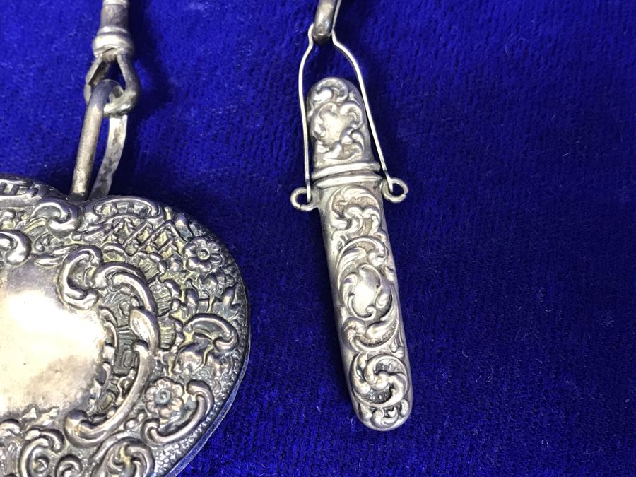 Antique 1900 Victorian Sterling Silver Chatelaine Sewing Kit Belt With Scissors, Thimble, Needle Case Holder, Pin Cushion And Buttonhook Signed L & S 106.9g [Photo 16]