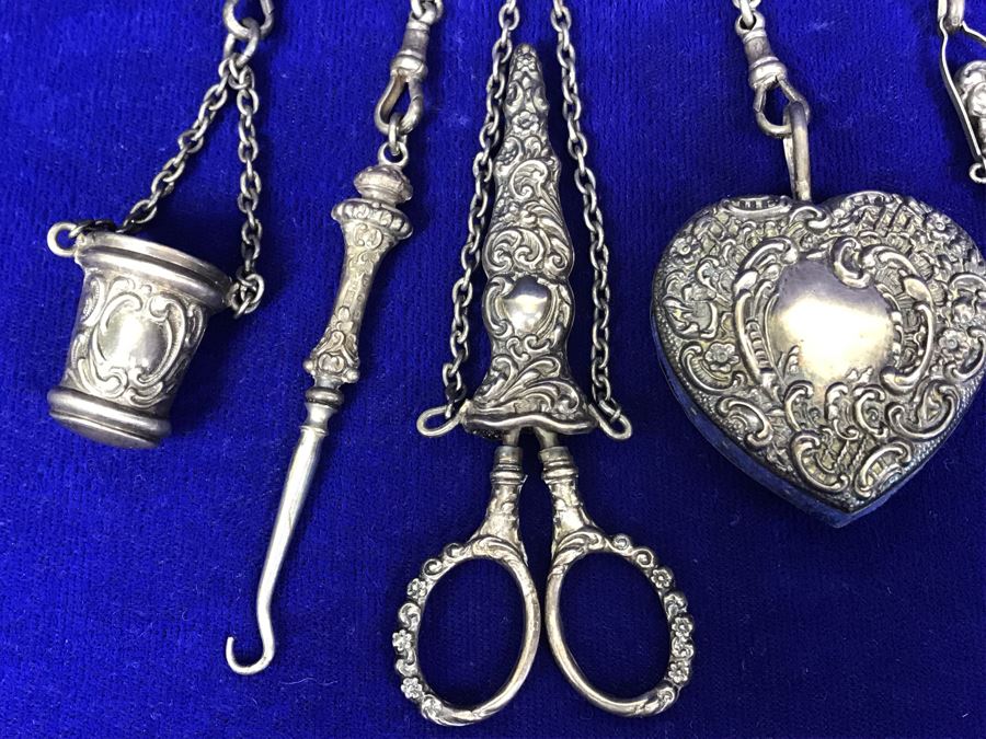Antique 1900 Victorian Sterling Silver Chatelaine Sewing Kit Belt With Scissors, Thimble, Needle Case Holder, Pin Cushion And Buttonhook Signed L & S 106.9g [Photo 12]