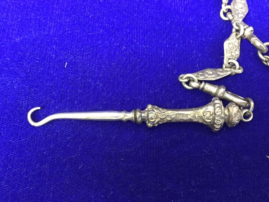 Antique 1900 Victorian Sterling Silver Chatelaine Sewing Kit Belt With Scissors, Thimble, Needle Case Holder, Pin Cushion And Buttonhook Signed L & S 106.9g [Photo 32]