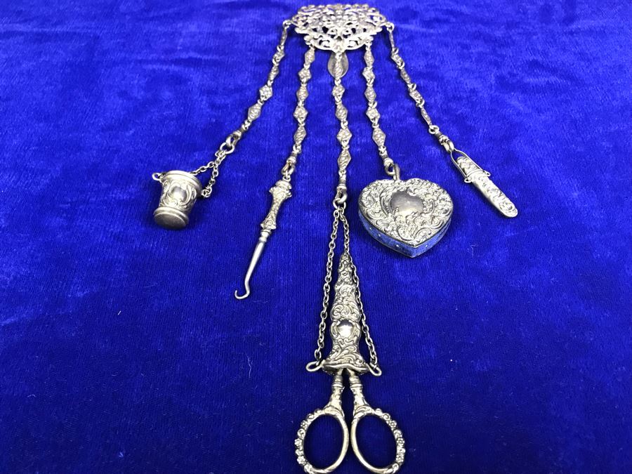 Antique 1900 Victorian Sterling Silver Chatelaine Sewing Kit Belt With Scissors, Thimble, Needle Case Holder, Pin Cushion And Buttonhook Signed L & S 106.9g [Photo 4]