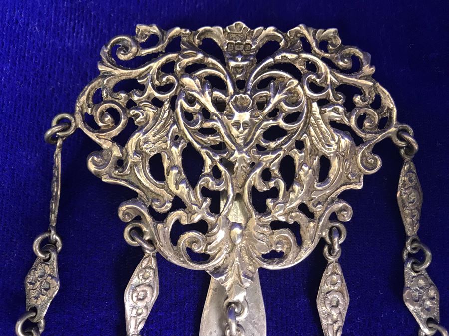 Antique 1900 Victorian Sterling Silver Chatelaine Sewing Kit Belt With Scissors, Thimble, Needle Case Holder, Pin Cushion And Buttonhook Signed L & S 106.9g [Photo 5]