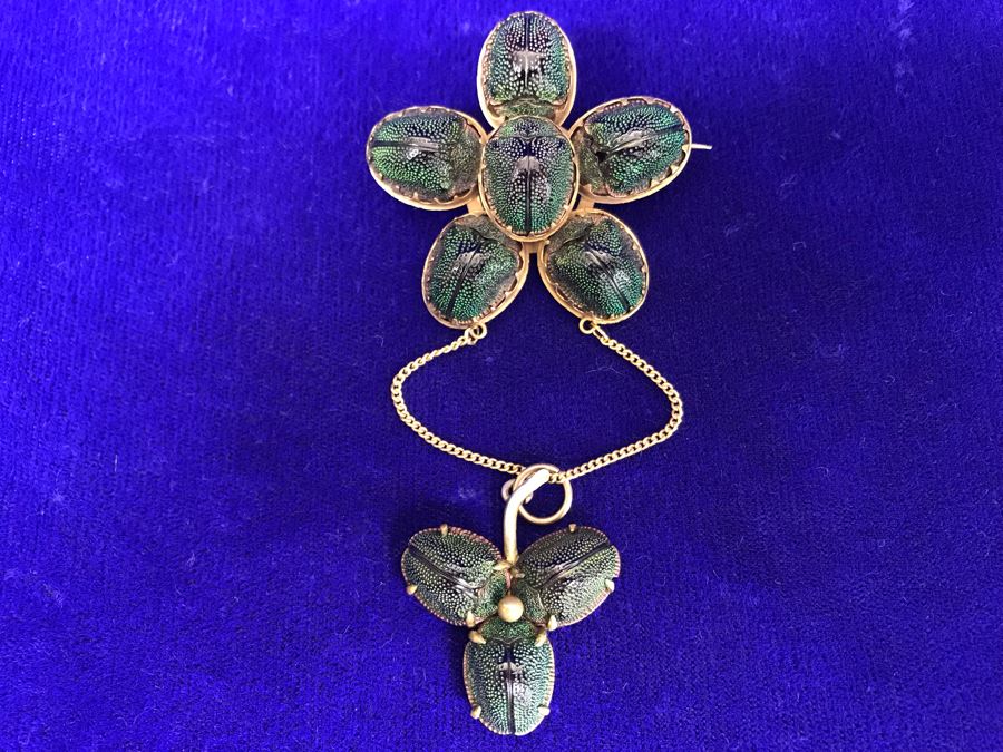 Vintage Egyptian Revival Real Scarab Beetle Brooch Pin 9.4g [Photo 4]