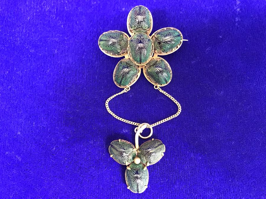 Vintage Egyptian Revival Real Scarab Beetle Brooch Pin 9.4g [Photo 2]