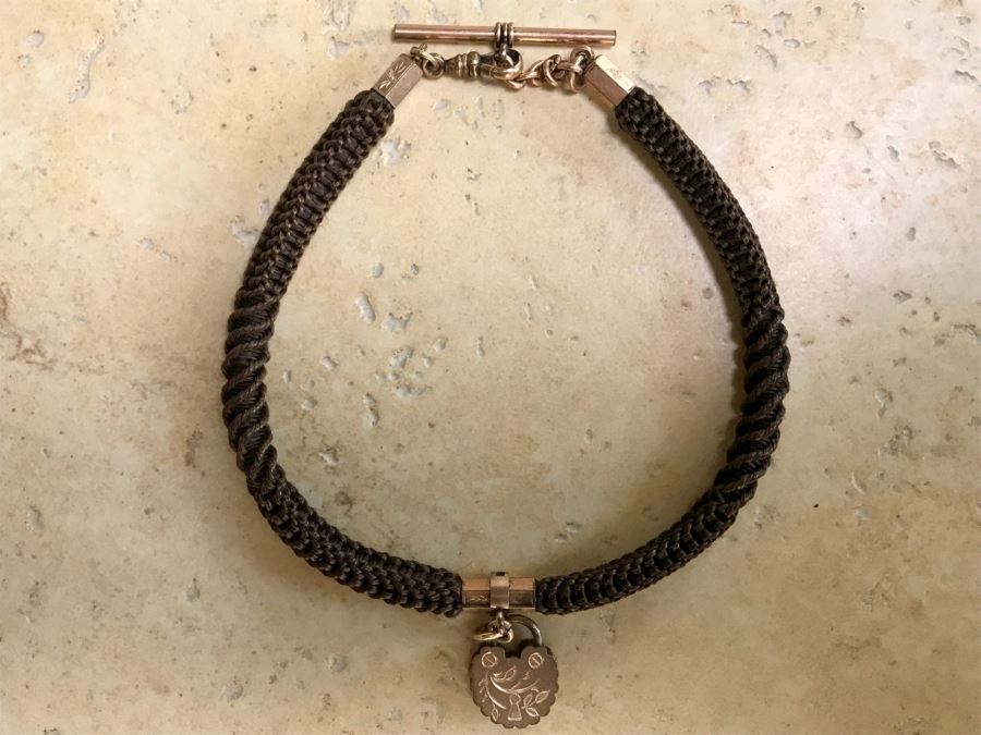 Vintage Braided Real Brown Hair Necklace With Gold Tone Locket Pendant 10”L [Photo 3]