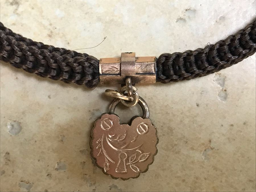 Vintage Braided Real Brown Hair Necklace With Gold Tone Locket Pendant 10”L [Photo 2]
