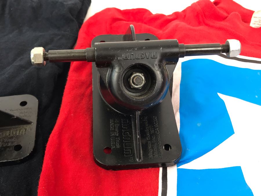 Pair Of Vintage Early Magnum Hi Energy Skateboard Trucks And Vintage Magnum Skateboard T-Shirts [Photo 4]