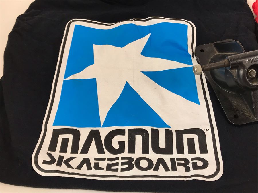 Pair Of Vintage Early Magnum Hi Energy Skateboard Trucks And Vintage Magnum Skateboard T-Shirts [Photo 7]