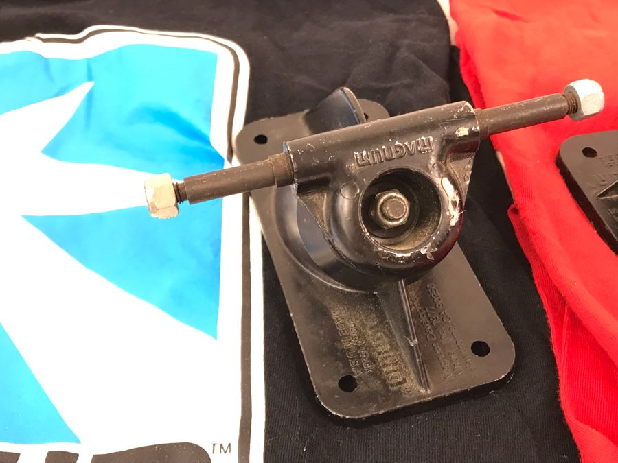 Pair Of Vintage Early Magnum Hi Energy Skateboard Trucks And Vintage Magnum Skateboard T-Shirts [Photo 6]